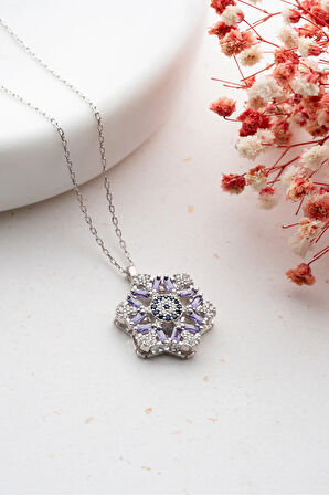 925 Ayar Gümüş Kar Tanesi Nazar Detaylı Dönen Kadın Kolye