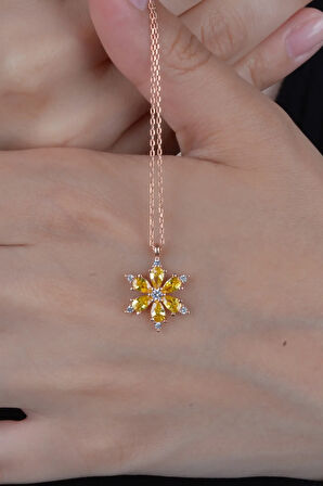 925 Ayar Sarı Taşlı Çiçek Kolye Kadın Gümüş Kolye