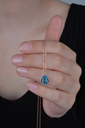 Kadın Mavi 925 Ayar Aquamarin Taşlı Damla Tektaş Gümüş Kolye