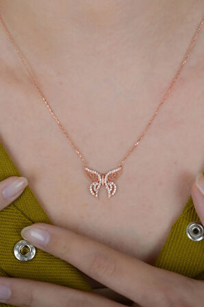 925 Ayar Gümüş Beyaz Zirkon Taşlı Kelebek Kolye