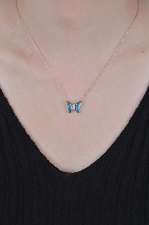 925 Ayar Gümüş Aquamarin Taşlı Kelebek Kolye