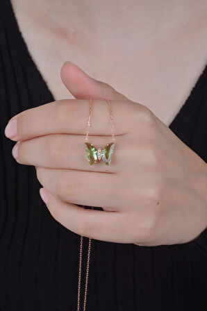 925 Ayar Gümüş Açık Yeşil Kadın Kelebek Kolye