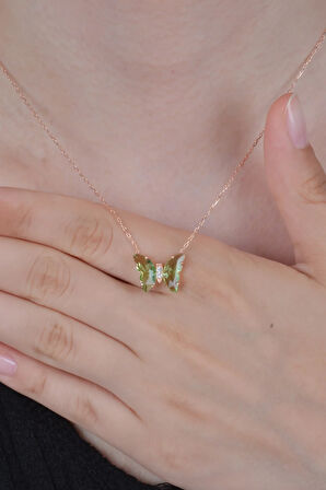 925 Ayar Gümüş Açık Yeşil Kadın Kelebek Kolye