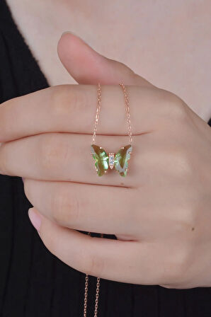 925 Ayar Gümüş Açık Yeşil Kadın Kelebek Kolye