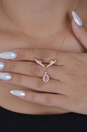 925 Ayar Gümüş Pembe Damla Taşlı Tasarım Kolye Kadın Gümüş Kolye