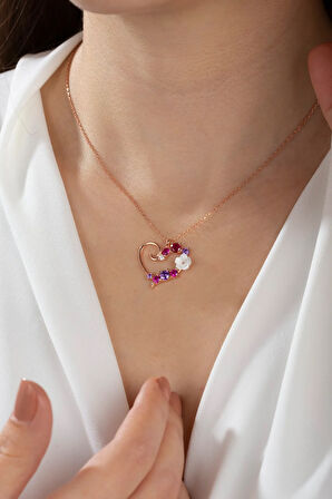 925 Ayar Gümüş Kadın Manolya Detaylı Kalpli Aşk Çiçeği Kolye