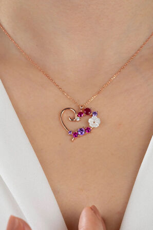 925 Ayar Gümüş Kadın Manolya Detaylı Kalpli Aşk Çiçeği Kolye