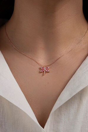 925 Ayar Gümüş Pembe Taşlı Yusufçuk Kadın Kolye