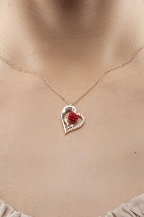 925 Ayar Gümüş Kalpteki Gül Kadın Kolye