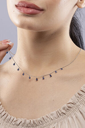 925 Ayar Gümüş Mavi Damla Model Kadın Kolye