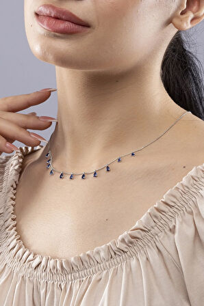 925 Ayar Gümüş Mavi Damla Model Kadın Kolye