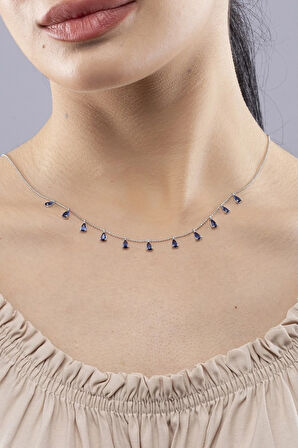 925 Ayar Gümüş Mavi Damla Model Kadın Kolye