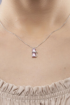 925 Ayar Gümüş Kolye Kadın Pembe Taşlı Kedi Kolye