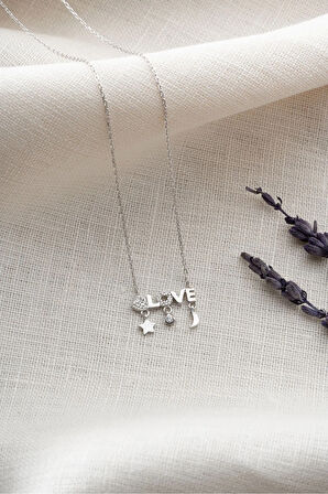 925 Ayar Gümüş Rodyum Kaplama LOVE Yazılı Kolye