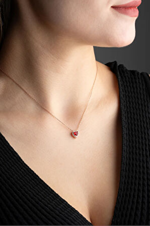 925 Ayar Gümüş Rose Kaplama Kırmızı Kalp Kolye