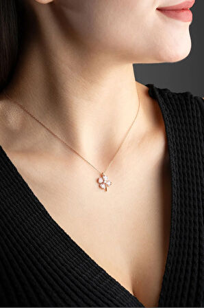 925 Ayar Gümüş Pembe Taşlı Dört Yapraklı Şans Yonca Kolye