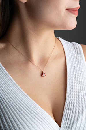 925 Ayar Gümüş Rose Kaplama Kırmızı Kalp Model Kolye