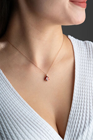 925 Ayar Gümüş Rose Kaplama Kırmızı Kalp Model Kolye