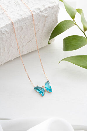 925 Ayar Gümüş Rose Kaplama Aquamarine Taşlı Kelebek Kolye