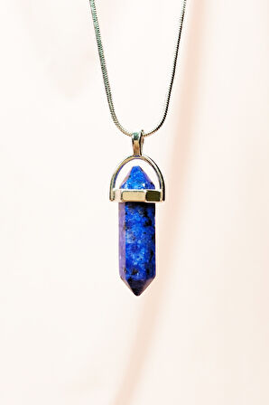 Lapis Lazuli Taşı Zincirli El Yapımı Tasarımlı Kolye Uç: 3,5 cm Zincir: 20 cm Kutulu