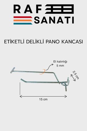 Etiketli Delikli Pano Kancası 15 CM | 25 ADET | Tel Askı Kancası | Delikli Panel Raf Askısı | Fon Kancası