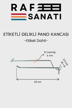 Etiketli Delikli Pano Kancası 20 CM | 10 ADET | Tel Askı Kancası | Delikli Panel Raf Askısı | Fon Kancası Etiketli