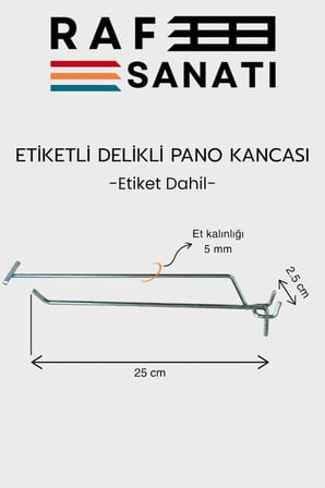 Etiketli Delikli Pano Kancası 25 CM | 10 ADET | Tel Askı Kancası | Delikli Panel Raf Askısı | Fon Kancası Etiketli