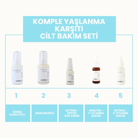 Komple Yaşlanma Karşıtı Cilt Bakım Seti, 5 Ürün, Rozalı Cilt Dostu, Retinol, C vitamini, AHA, SPF, Botanik Özler, Doğal, Vegan