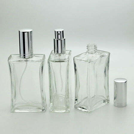 20 ADET BOŞ CAM PARFÜM ŞİŞE, 100 ML, İÇBÜKEY MODEL, ŞEFFAF, METAL VALF VE KAPAK