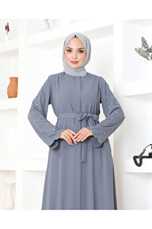 Gri Kemerli Taş Işlemeli Fermuarlı Zarif Tasarım Kadın Ferace Mf-3090