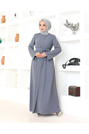 Gri Kemerli Taş Işlemeli Fermuarlı Zarif Tasarım Kadın Ferace Mf-3090