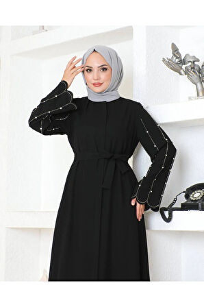Siyah Kemerli Taş Işlemeli Fermuarlı Zarif Tasarım Kadın Ferace Mf-3090