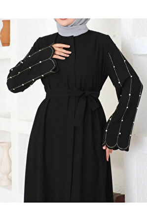 Siyah Kemerli Taş Işlemeli Fermuarlı Zarif Tasarım Kadın Ferace Mf-3090
