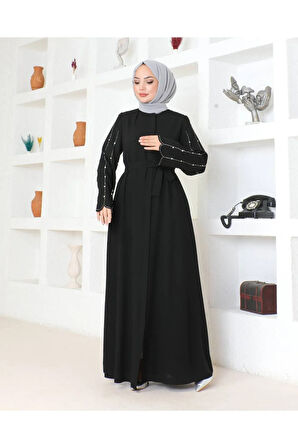 Siyah Kemerli Taş Işlemeli Fermuarlı Zarif Tasarım Kadın Ferace Mf-3090