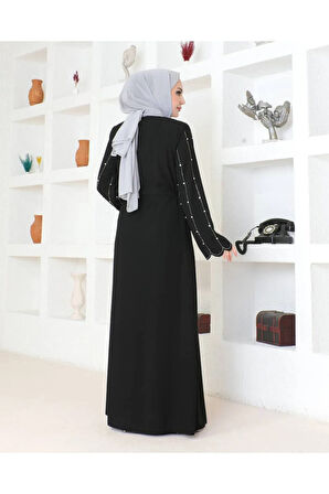 Siyah Kemerli Taş Işlemeli Fermuarlı Zarif Tasarım Kadın Ferace Mf-3090