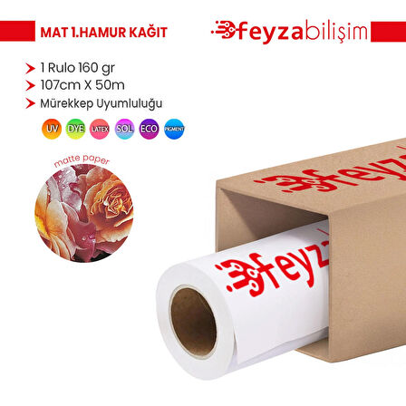 Feyza Bilişim® Premium 1 .Hamur Mat Kağıt Afiş Kağıdı 160 gr Rulo 107 cm x 50mt (1 Rulo)