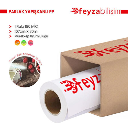 Feyza Bilişim® Glossy (Parlak ) Yapışkanlı PP Film Dye 180 Mic 107cm x 30 mt (1 Rulo)