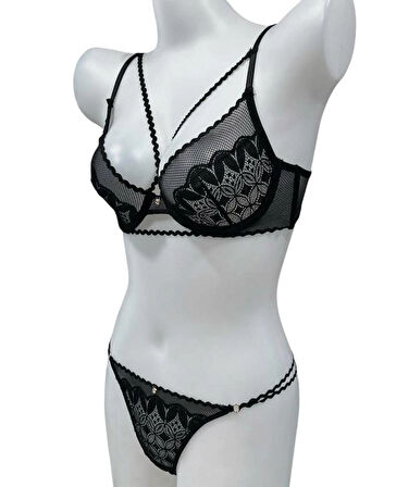 Dantel Detaylı Kapsız Likralı Sütyen Külot Takımı İç Giyim Slip Külot Brazilyan