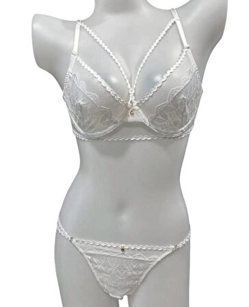 Dantel Detaylı Kapsız Likralı Sütyen Külot Takımı İç Giyim Slip Külot Brazilyan