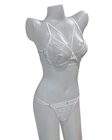 Dantel Detaylı Kapsız Likralı Sütyen Külot Takımı İç Giyim Slip Külot Brazilyan