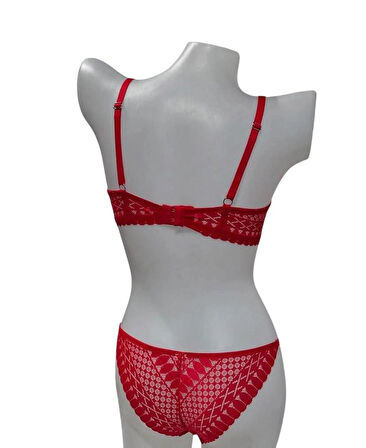 Dantel Işlemeli Kırmızı Dolgulu Balenli Destekli Sütyen Külot Iç Çamaşır Takımı Push Up
