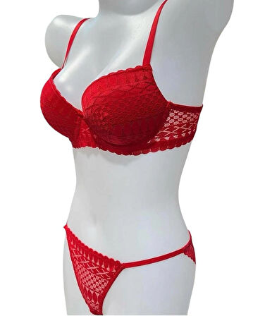 Dantel Işlemeli Kırmızı Dolgulu Balenli Destekli Sütyen Külot Iç Çamaşır Takımı Push Up