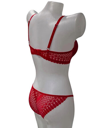 Dantel Işlemeli Kırmızı Dolgulu Balenli Destekli Sütyen Külot Iç Çamaşır Takımı Push Up