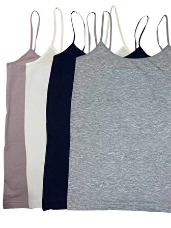 İp Askılı Düz Pamuklu Likralı Penye Kadın Atlet Ribana Kumaş 4'Lü Paket