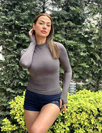 Antrasit Bisiklet Yaka Uzun Kollu Parmak Geçirme Detaylı t-shirt