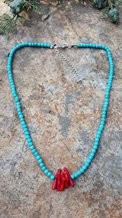 STONEAGE JEWELLERY Mercan Doğal Taş Turkuaz Kolye