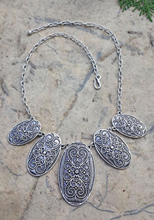 STONEAGE Hint Gümüşü Oval Spor Oval Bohem Kadın Gerdanlık Kolye Türk Malı