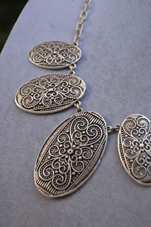 STONEAGE Hint Gümüşü Oval Spor Oval Bohem Kadın Gerdanlık Kolye Türk Malı