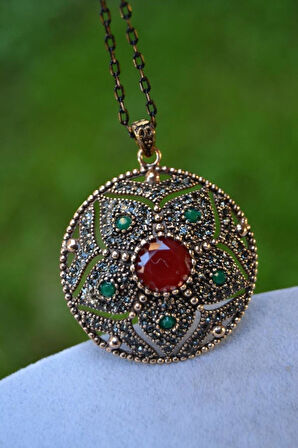 STONEAGE JEWELLERY Kök Zümrüt Kök Yakut Taşlı Otantik Kolye