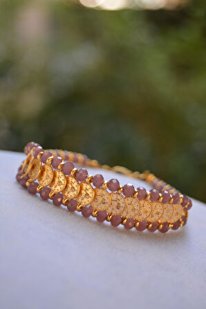 STONEAGE Altın Kaplama Tuğralı Mor Renkli El Yapımı Kadın Bileklik Yerli Üretim Türk Malı